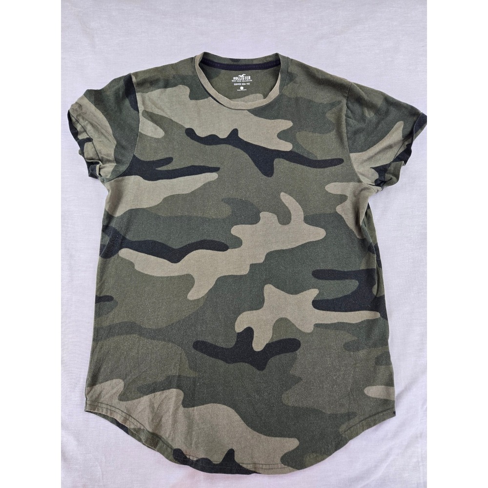 Hollister Mens Camo Curved Hem Tee Shirt Green Camouflage Large